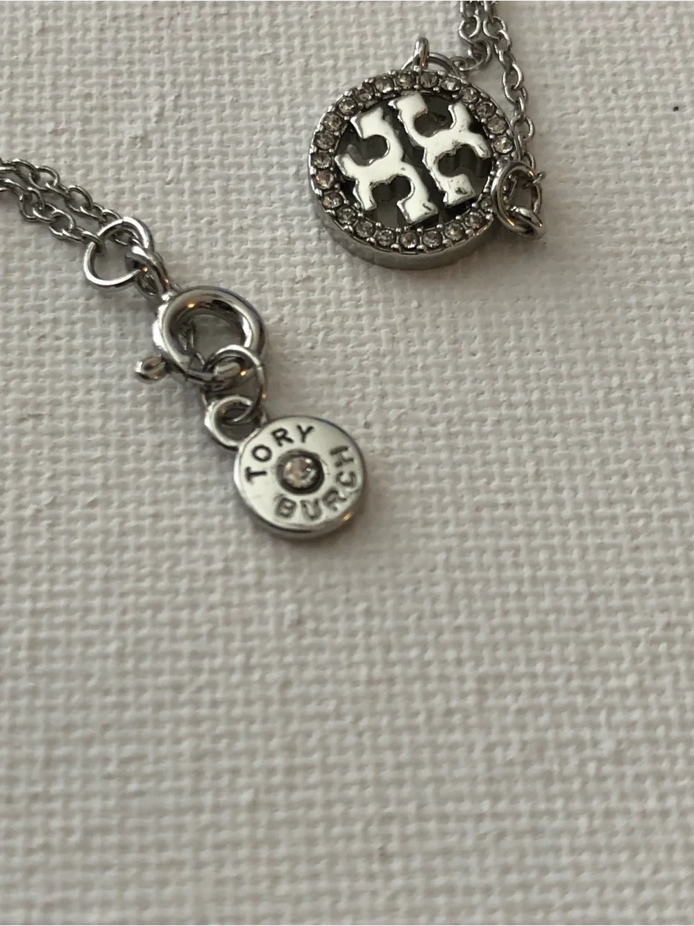 Tory Burch Silver Logo Crystal Circle Necklace